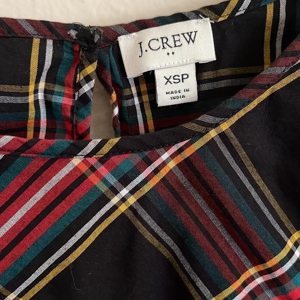 J Crew Women's Christmas Black Tartan Plaid Puff Sleeved Top XS Organic Cotton
